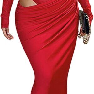 Women Mesh Maxi Dress Off Shoulder Long Sleeve Ruched Slit Formal